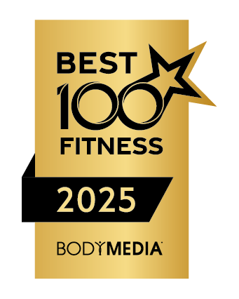 Eine goldene Plakette mit dem Text Best 100 Fitness 2025 und BODYMEDIA darunter, mit einem in das Design integrierten stilisierten Stern.